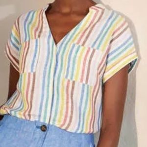 Boden Evie Linen Rainbow Striped Short Sleeve Button Down Shirt